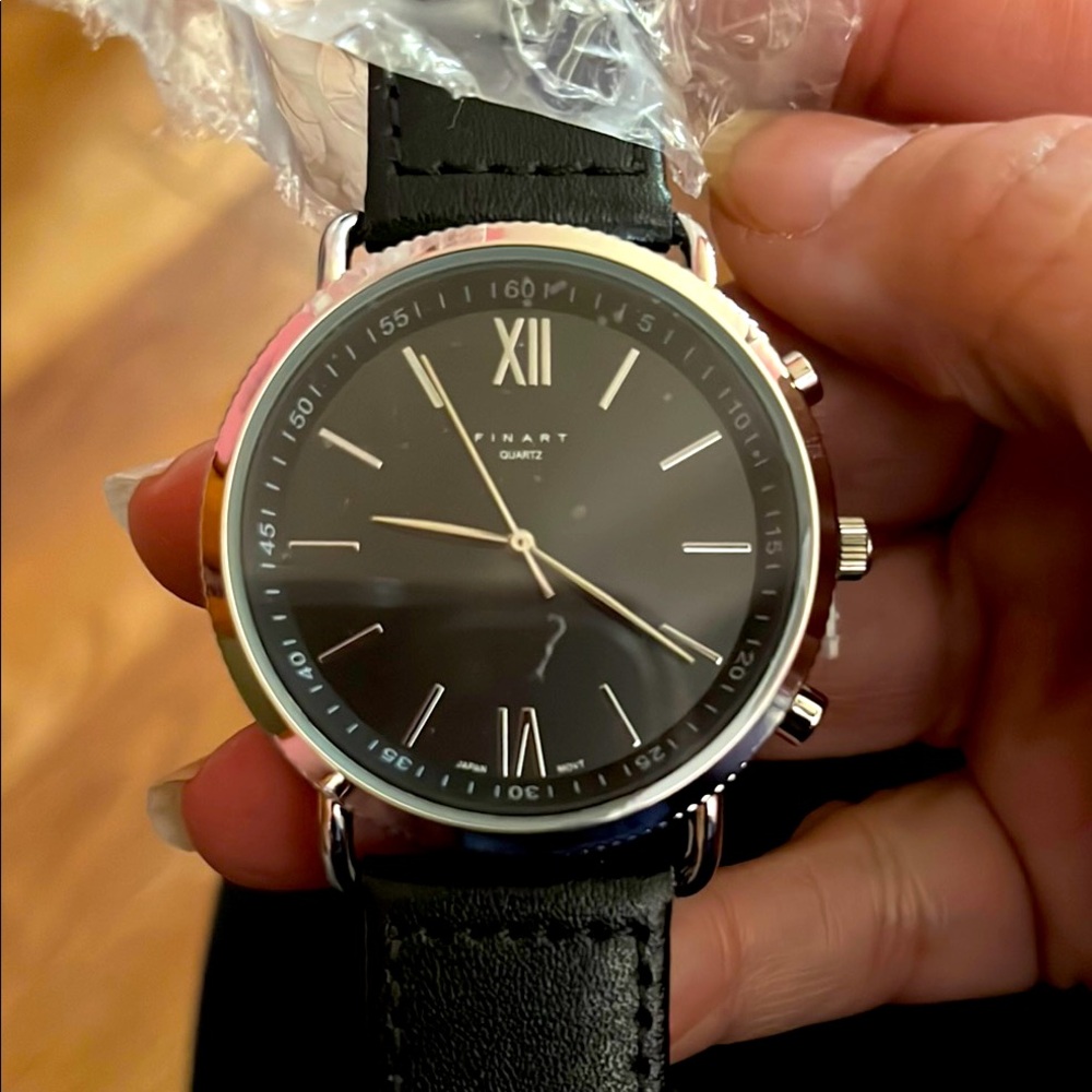Finart Black Leather Strap Watch